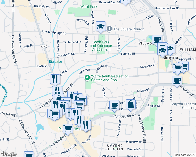 map of restaurants, bars, coffee shops, grocery stores, and more near 938 Church Street in Smyrna