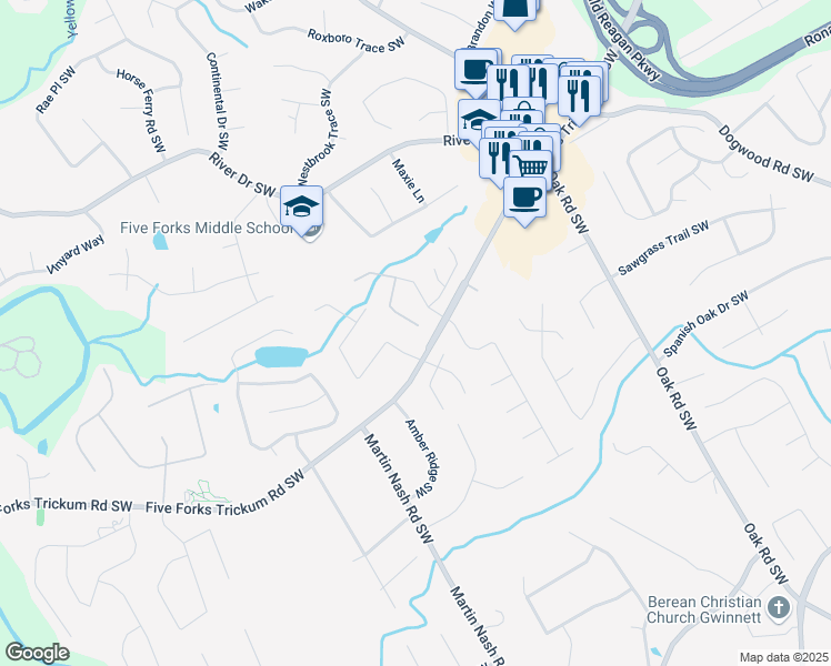 map of restaurants, bars, coffee shops, grocery stores, and more near 3165 Alcazar Drive Southwest in Lilburn