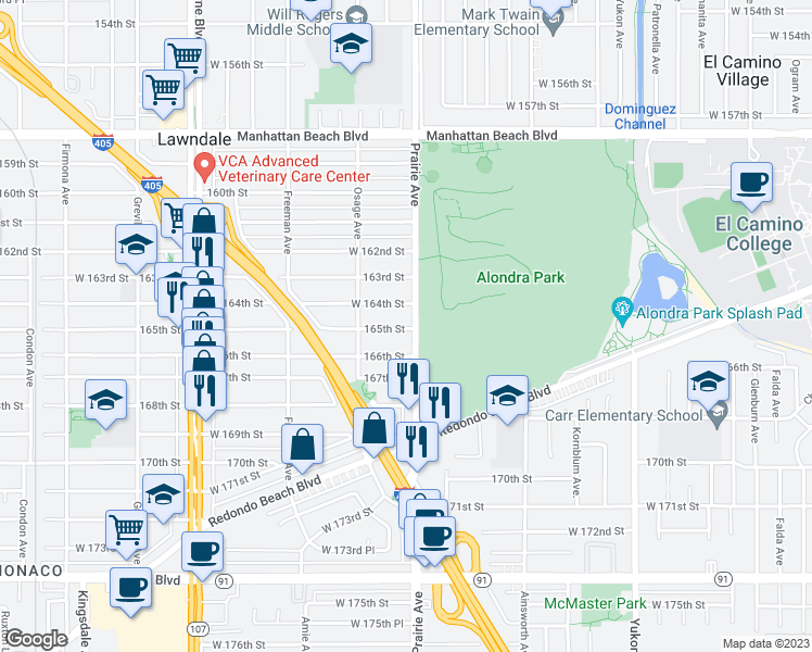 map of restaurants, bars, coffee shops, grocery stores, and more near 4003 West 165th Street in Lawndale