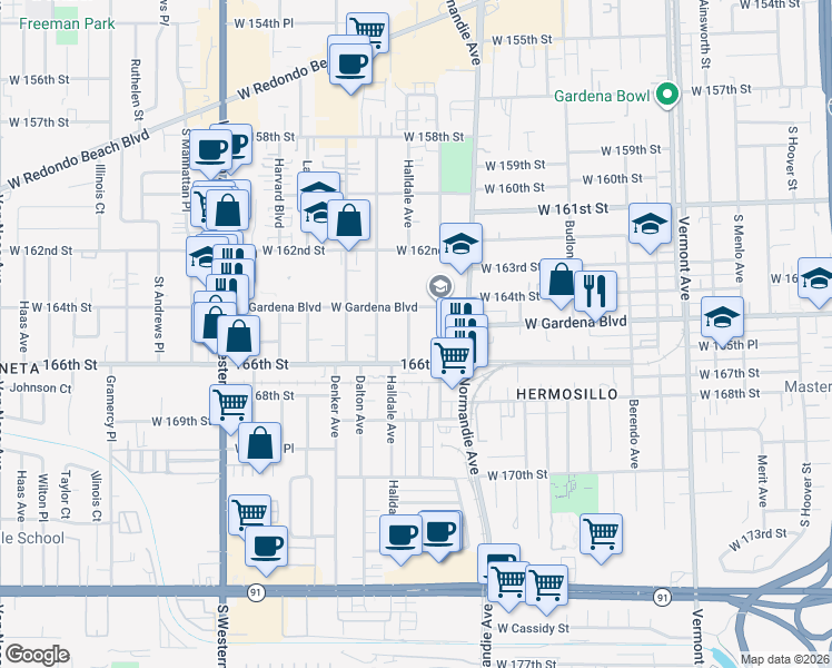 map of restaurants, bars, coffee shops, grocery stores, and more near 16426 Halldale Avenue in Gardena