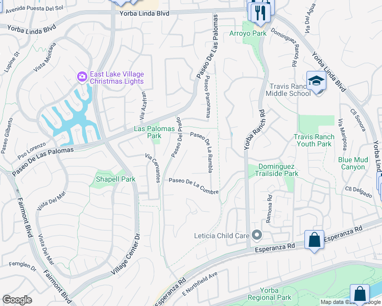 map of restaurants, bars, coffee shops, grocery stores, and more near 5604 Calle Vista Alegre in Yorba Linda