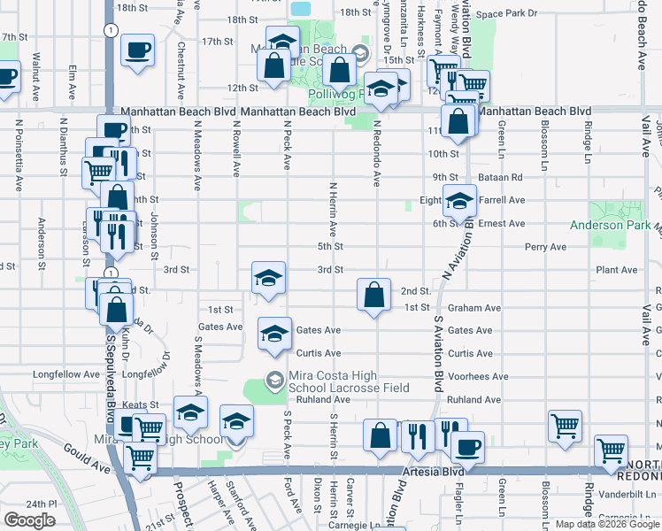 map of restaurants, bars, coffee shops, grocery stores, and more near 1561 3rd Street in Manhattan Beach