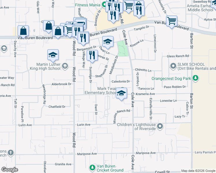 map of restaurants, bars, coffee shops, grocery stores, and more near 9279 Middlefield Drive in Riverside