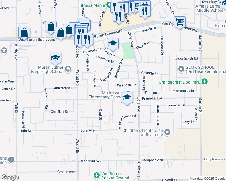 map of restaurants, bars, coffee shops, grocery stores, and more near 9279 Middlefield Drive in Riverside