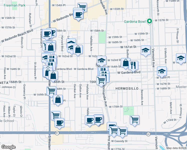 map of restaurants, bars, coffee shops, grocery stores, and more near 16426 Halldale Avenue in Gardena