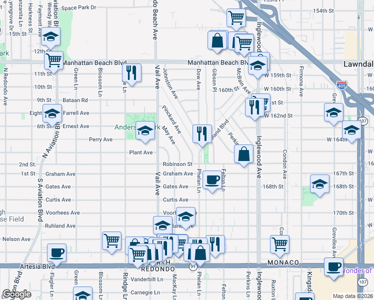 map of restaurants, bars, coffee shops, grocery stores, and more near 2813 Pinckard Avenue in Redondo Beach