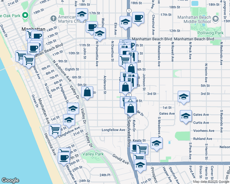 map of restaurants, bars, coffee shops, grocery stores, and more near 210 North Dianthus Street in Manhattan Beach