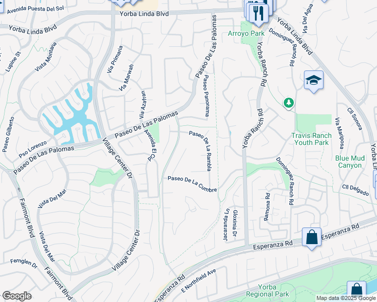 map of restaurants, bars, coffee shops, grocery stores, and more near 5604 Calle Vista Alegre in Yorba Linda