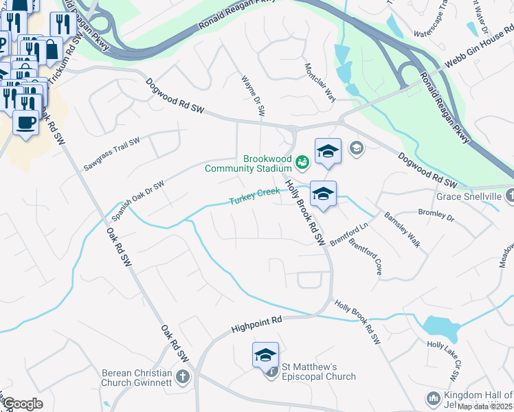 map of restaurants, bars, coffee shops, grocery stores, and more near 1214 Hollytree Court in Snellville