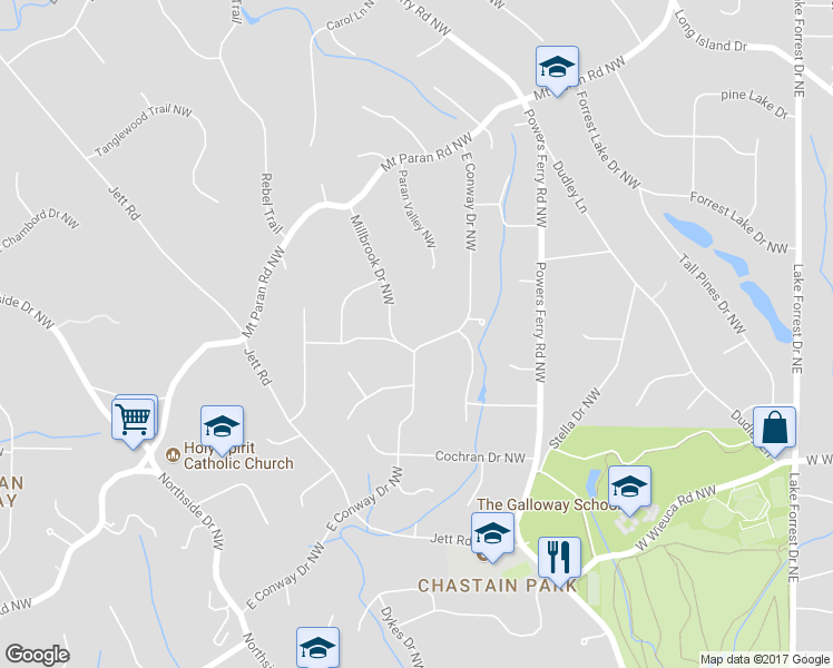 map of restaurants, bars, coffee shops, grocery stores, and more near 4584 East Conway Drive Northwest in Atlanta