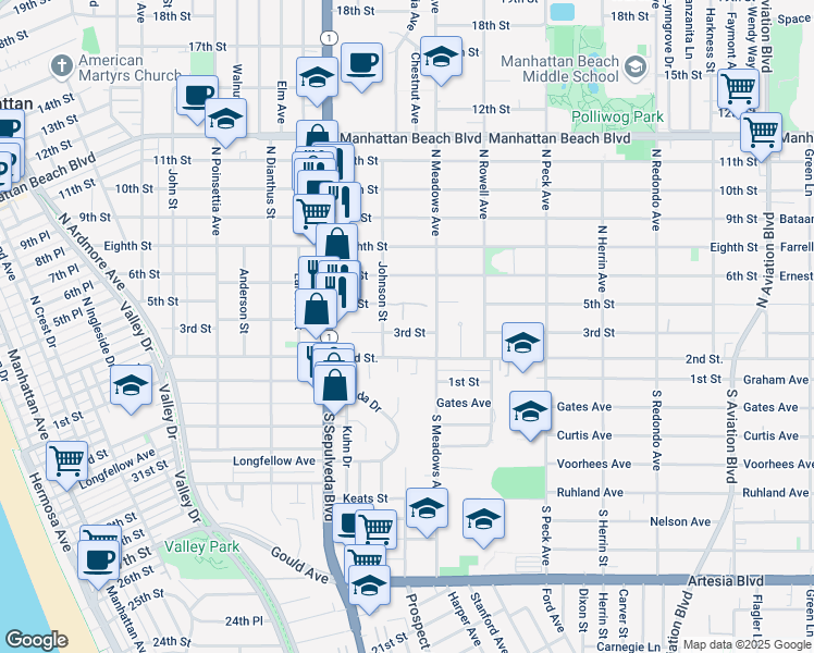 map of restaurants, bars, coffee shops, grocery stores, and more near 1207 2nd Street in Manhattan Beach
