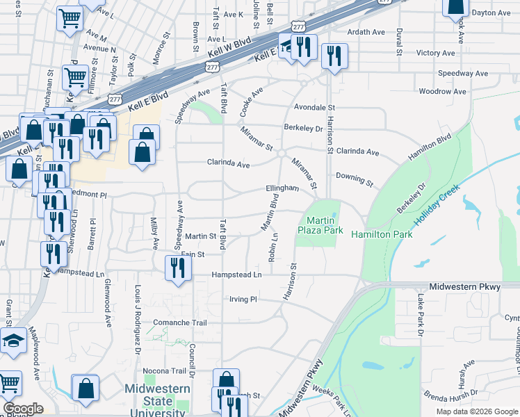 map of restaurants, bars, coffee shops, grocery stores, and more near 3201 Martin Boulevard in Wichita Falls