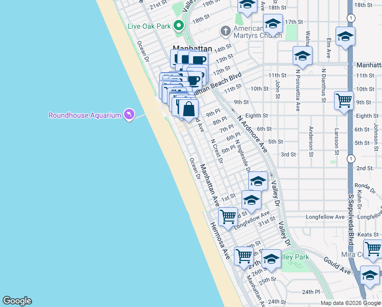 map of restaurants, bars, coffee shops, grocery stores, and more near 118 7th Street in Manhattan Beach