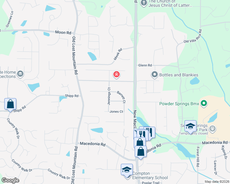 map of restaurants, bars, coffee shops, grocery stores, and more near 2956 Barrett Court in Powder Springs