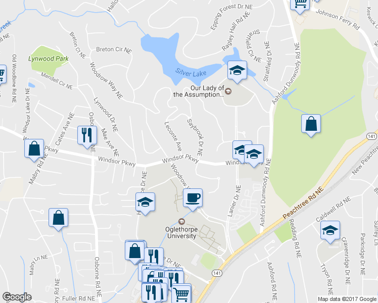 map of restaurants, bars, coffee shops, grocery stores, and more near 1538 Windsor Parkway in Atlanta