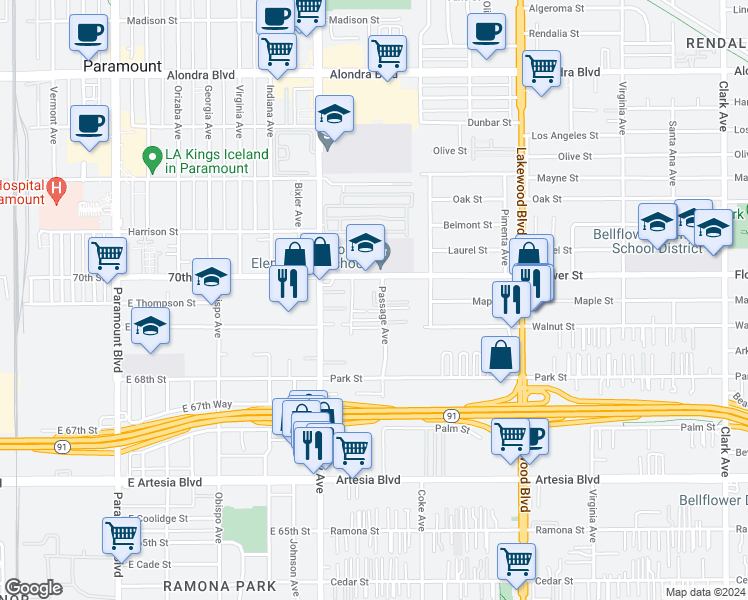map of restaurants, bars, coffee shops, grocery stores, and more near in Paramount