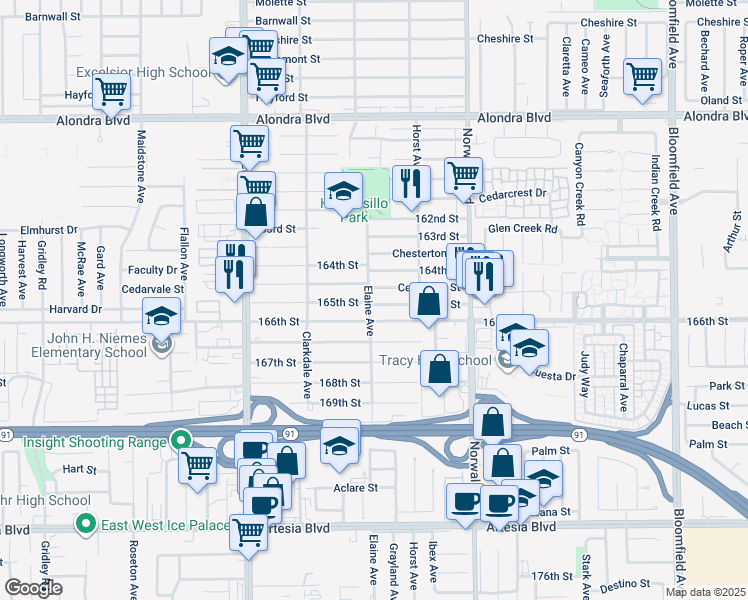 map of restaurants, bars, coffee shops, grocery stores, and more near 16442 Elaine Avenue in Norwalk