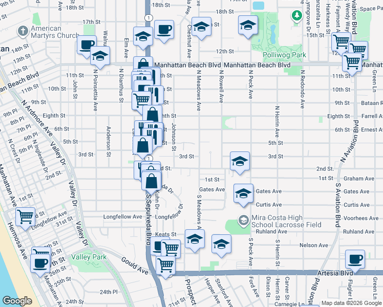 map of restaurants, bars, coffee shops, grocery stores, and more near 1251 2nd Street in Manhattan Beach