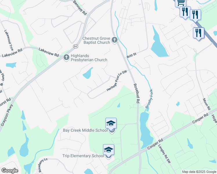 map of restaurants, bars, coffee shops, grocery stores, and more near 737 Heritage Post Lane Southwest in Grayson