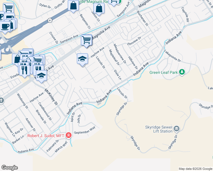 map of restaurants, bars, coffee shops, grocery stores, and more near 12772 Bridgewood Circle in Riverside