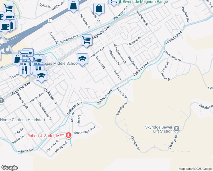 map of restaurants, bars, coffee shops, grocery stores, and more near 3447 Yuba Circle in Riverside