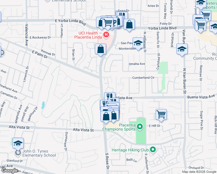 map of restaurants, bars, coffee shops, grocery stores, and more near 924 La Paz Road in Placentia
