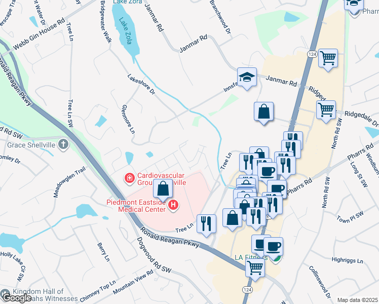 map of restaurants, bars, coffee shops, grocery stores, and more near 1900 Tree Lane in Snellville