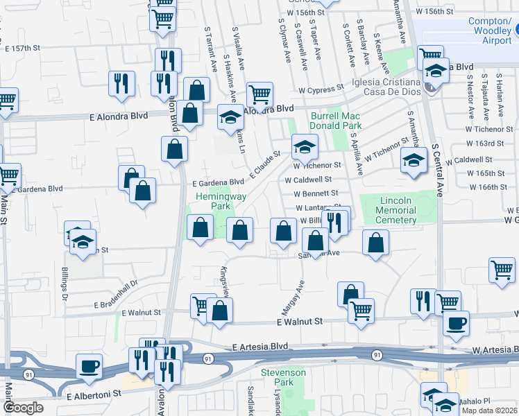 map of restaurants, bars, coffee shops, grocery stores, and more near 1504 South Haskins Avenue in Compton