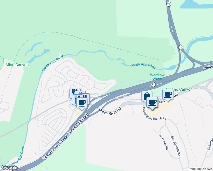 map of restaurants, bars, coffee shops, grocery stores, and more near 4511 Feather River Road in Corona