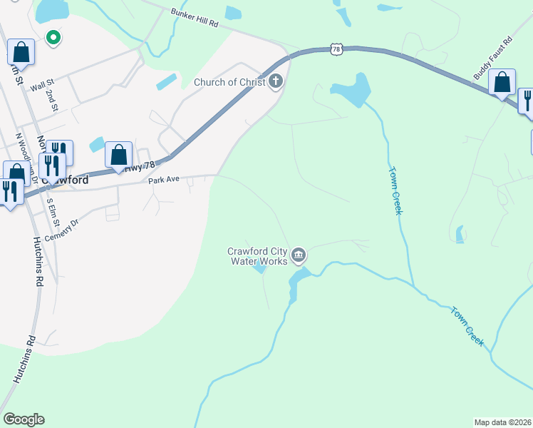 map of restaurants, bars, coffee shops, grocery stores, and more near 696 Water Works Road in Crawford