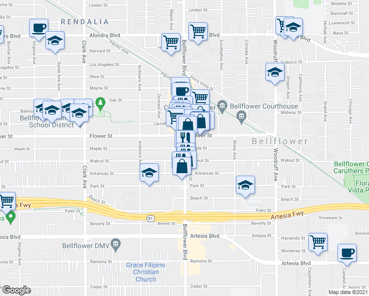 map of restaurants, bars, coffee shops, grocery stores, and more near Bellflower Blvd & Maple St in Bellflower