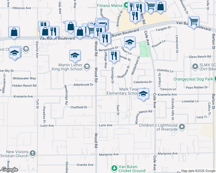 map of restaurants, bars, coffee shops, grocery stores, and more near 9318 Meadow Lane in Riverside