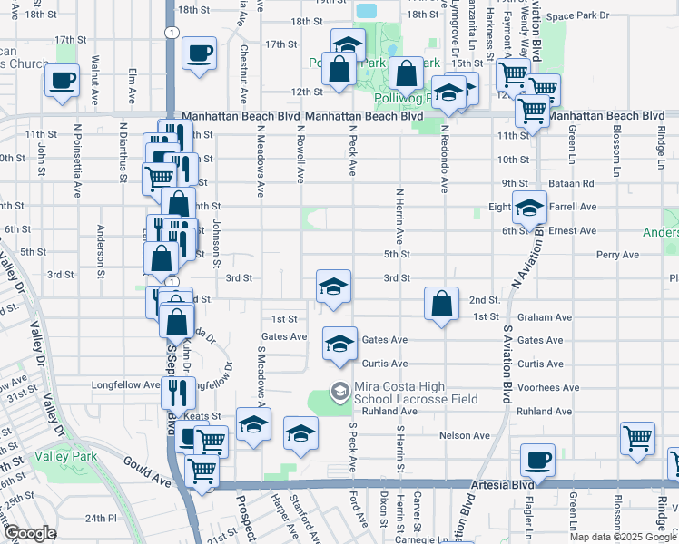 map of restaurants, bars, coffee shops, grocery stores, and more near 1451 3rd Street in Manhattan Beach