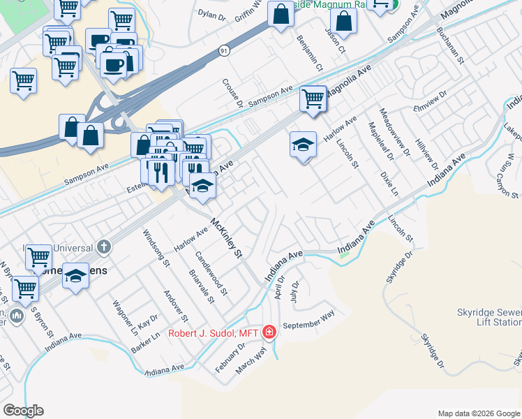map of restaurants, bars, coffee shops, grocery stores, and more near 3670 Windstorm Way in Riverside