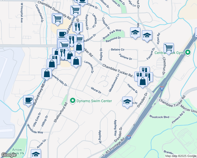 map of restaurants, bars, coffee shops, grocery stores, and more near 3062 Meadow Mere West in Chamblee