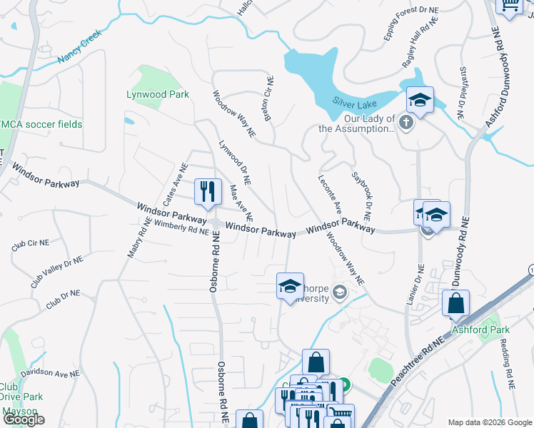 map of restaurants, bars, coffee shops, grocery stores, and more near 1424 Windsor Parkway in Atlanta