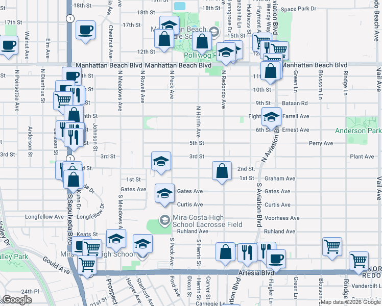map of restaurants, bars, coffee shops, grocery stores, and more near 1545 3rd Street in Manhattan Beach