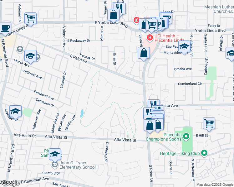 map of restaurants, bars, coffee shops, grocery stores, and more near 1000 Henrietta Circle in Placentia