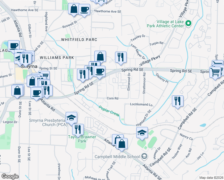 map of restaurants, bars, coffee shops, grocery stores, and more near 2964 Lexington Trace Drive in Smyrna