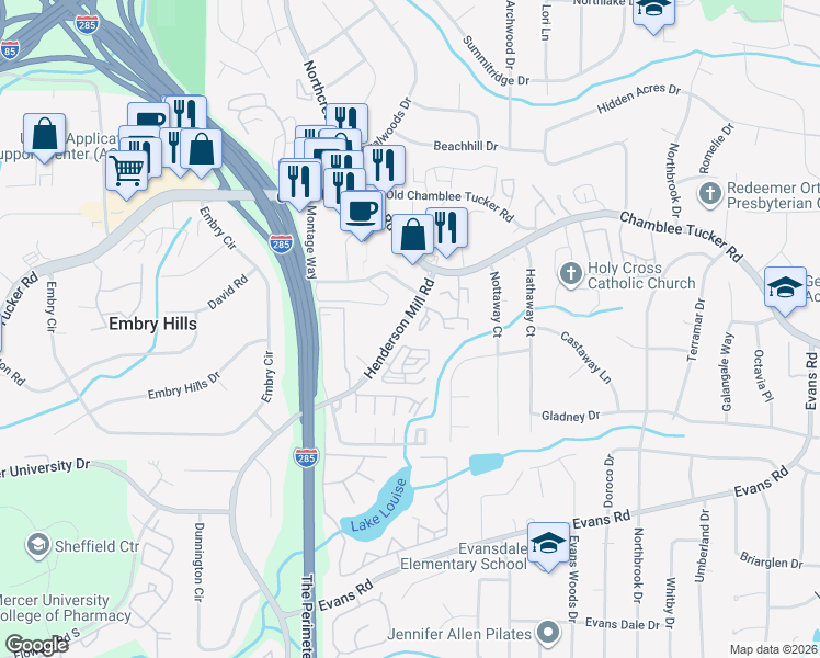 map of restaurants, bars, coffee shops, grocery stores, and more near 3514 Henderson Reserve in Chamblee