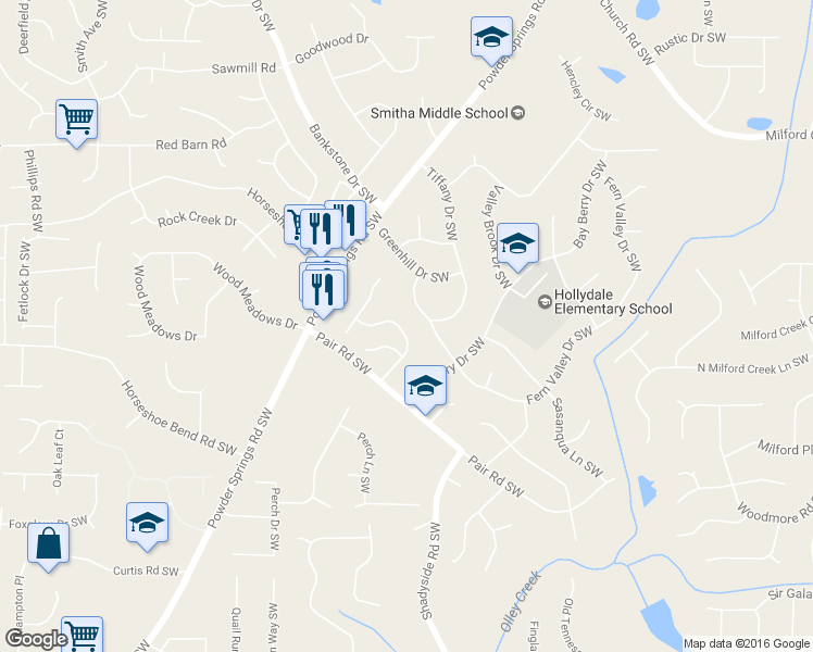map of restaurants, bars, coffee shops, grocery stores, and more near 2985 Garland Drive Southwest in Marietta