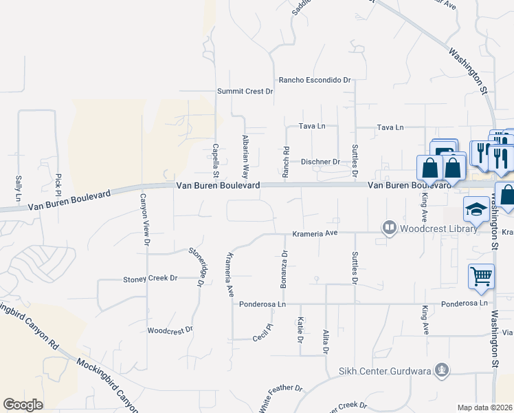 map of restaurants, bars, coffee shops, grocery stores, and more near 16184 Krameria Avenue in Riverside
