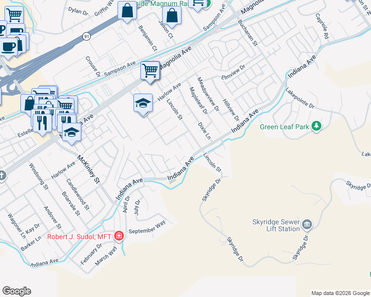 map of restaurants, bars, coffee shops, grocery stores, and more near 12772 Bridgewood Circle in Riverside