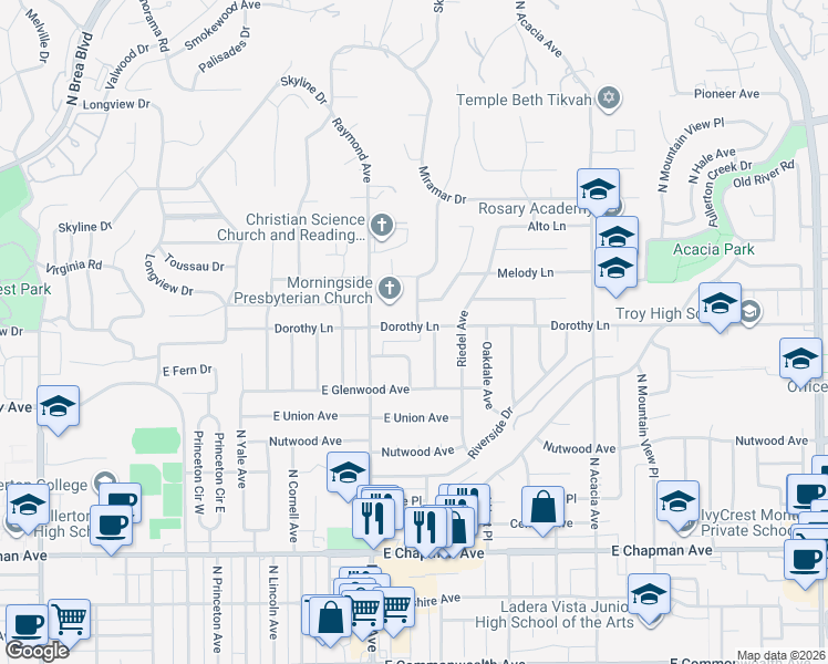 map of restaurants, bars, coffee shops, grocery stores, and more near 1219 East Fern Drive in Fullerton