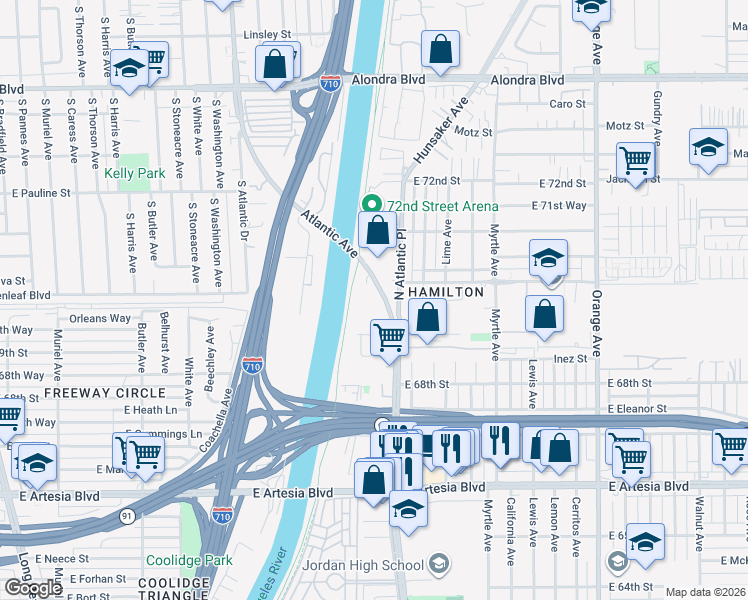 map of restaurants, bars, coffee shops, grocery stores, and more near 6925 Atlantic Avenue in Long Beach