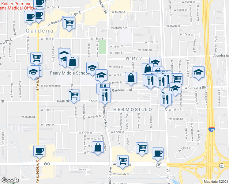 map of restaurants, bars, coffee shops, grocery stores, and more near 1345 166th Street in Gardena