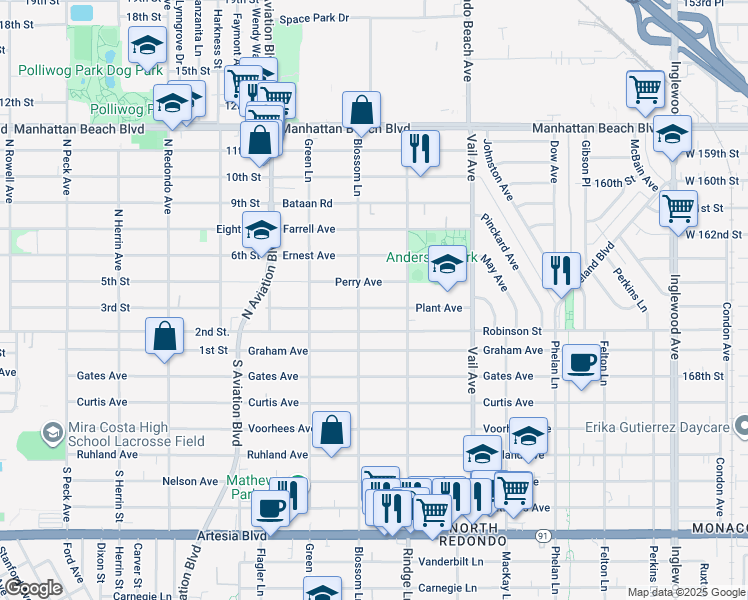 map of restaurants, bars, coffee shops, grocery stores, and more near 2108 Plant Avenue in Redondo Beach