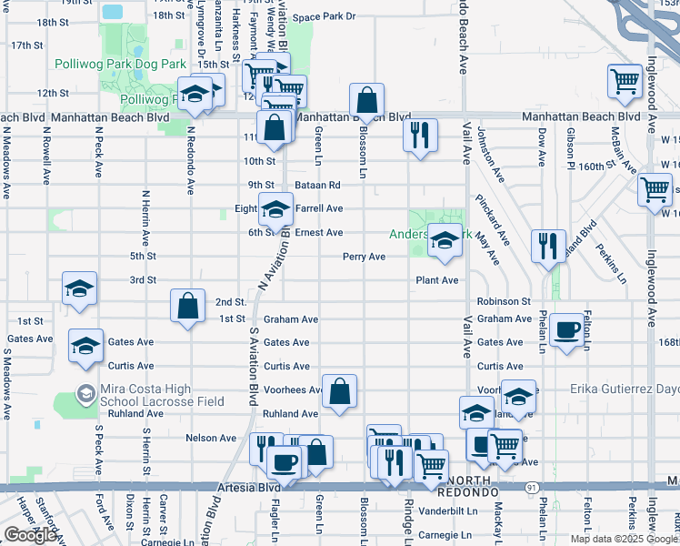 map of restaurants, bars, coffee shops, grocery stores, and more near in Redondo Beach