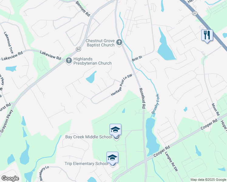 map of restaurants, bars, coffee shops, grocery stores, and more near 737 Heritage Post Lane Southwest in Grayson