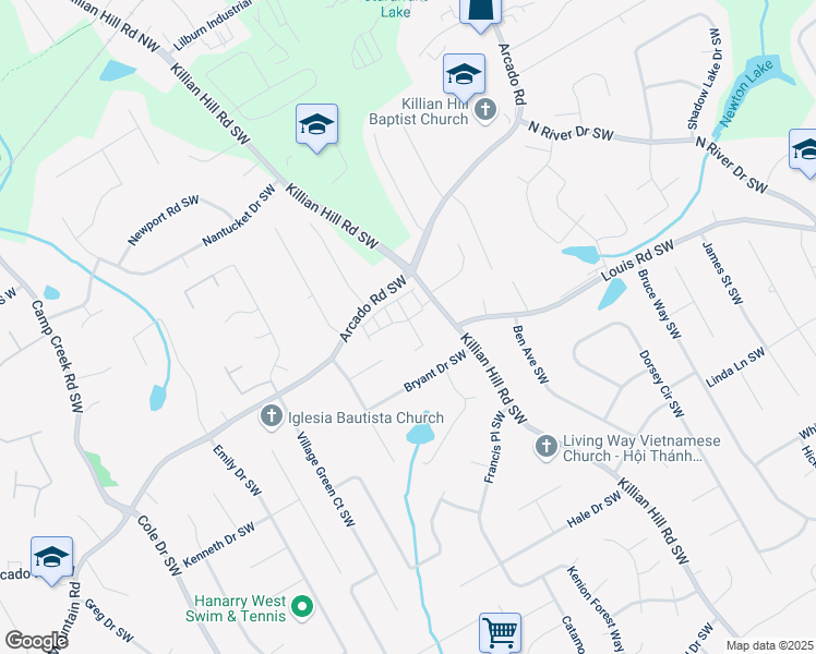map of restaurants, bars, coffee shops, grocery stores, and more near 101 Dewey Road in Lilburn